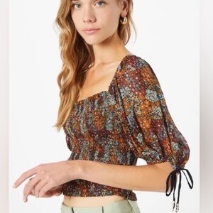 Free People Back On Top Floral Puff Sleeve Crop Top Dark Combo Size XS
